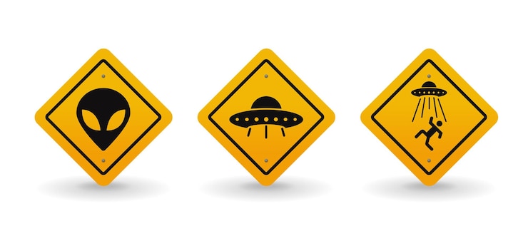 Vector ilustración de conjunto de colección de señales de carretera de advertencia de extraterrestres y ovnis