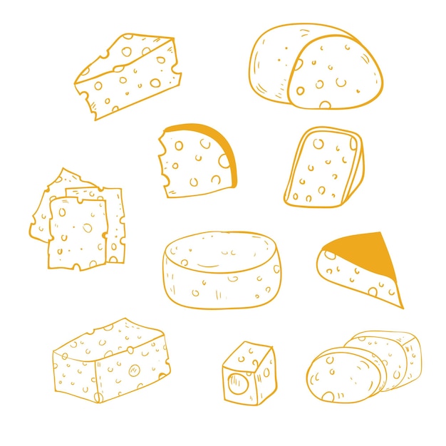 Ilustración de un conjunto de dibujos de queso dibujados a mano