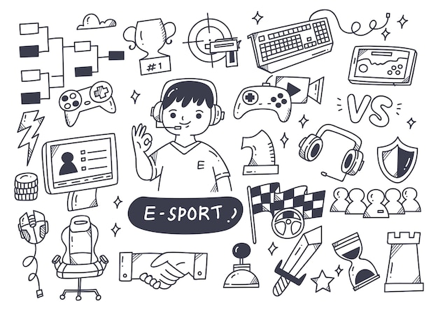 Ilustración de conjunto de doodle de campeonato de e-sport