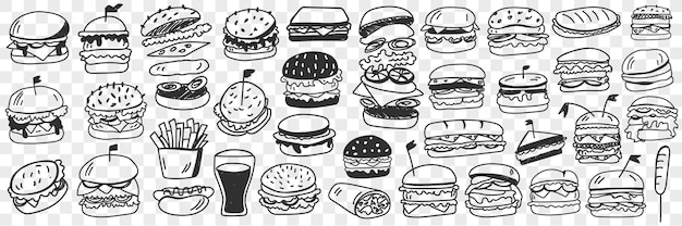 Ilustración de conjunto de doodle de comida rápida de hamburguesas