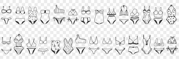 Ilustración de conjunto de doodle de traje de baño de bikini femenino