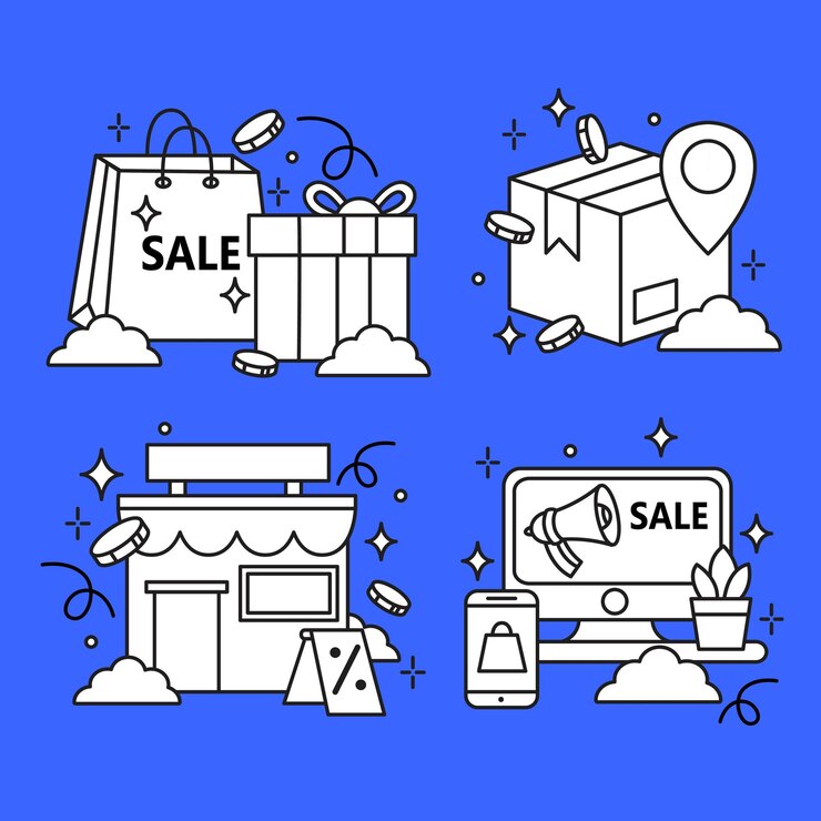 Vector ilustración del conjunto de doodles de elementos de la tienda en línea