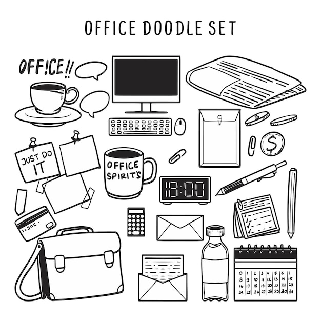 Ilustración del conjunto de doodles de oficina Ilustración creativa dibujada a mano de suministros de oficina, incluidos artículos de papelería como bolígrafos y lápices un monitor de computadora una calculadora sobres y una taza de café