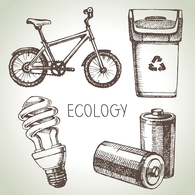 Ilustración de conjunto de ecología de bosquejo