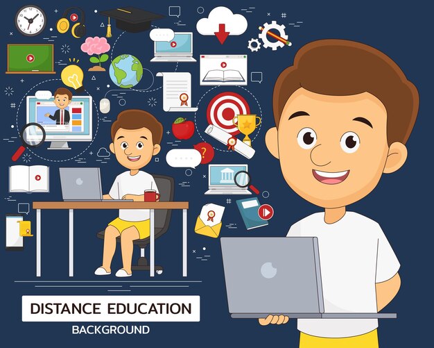 Ilustración y conjunto de elementos de educación a distancia