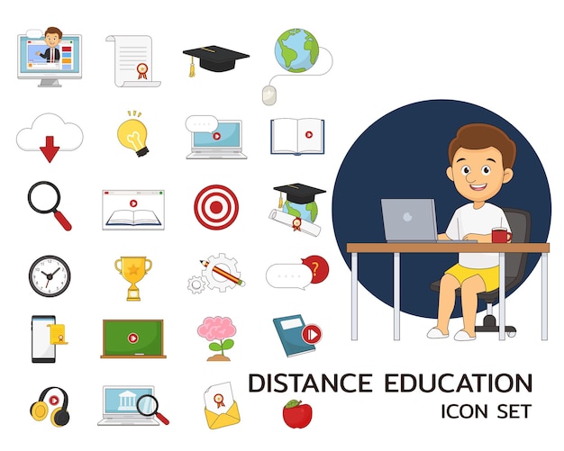 Ilustración y conjunto de elementos de educación a distancia
