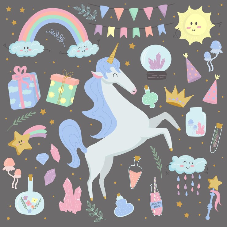 Vector ilustración de un conjunto de elementos de hadas con un unicornio elementos mágicos de los regalos de pociones meteorológicas