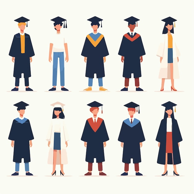 Ilustración de un conjunto de graduados de cuerpo completo con un estilo de diseño plano simple y minimalista