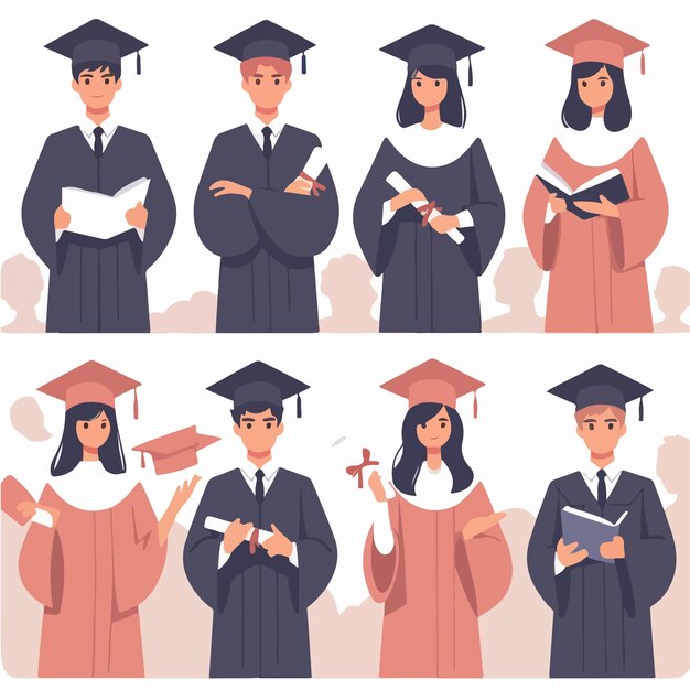 Ilustración de un conjunto de graduados de cuerpo completo con un estilo de diseño plano simple y minimalista