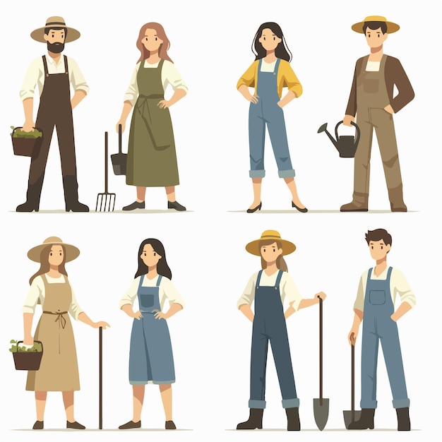 Ilustración de un conjunto de granjeros de cuerpo completo con un estilo de diseño plano