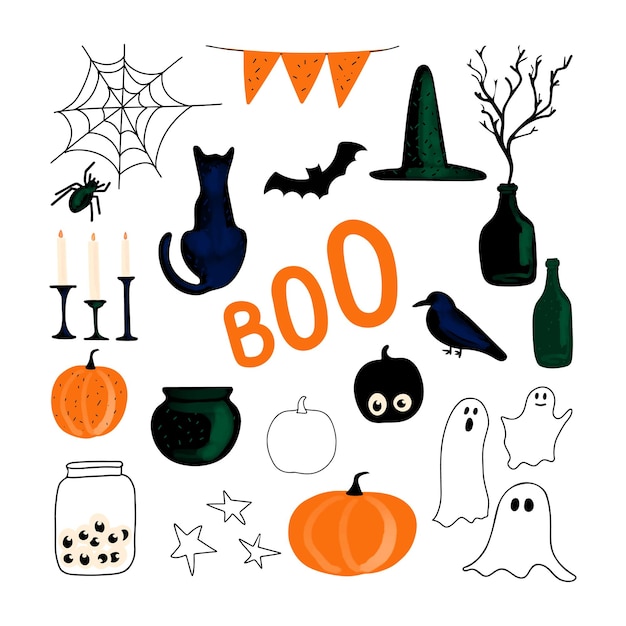 Ilustración de conjunto de Halloween en color negro naranja y blanco aislado sobre fondo blanco