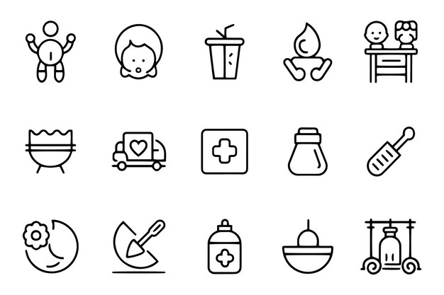 Ilustración del conjunto de iconos de contorno de trazos editables relacionados con el cuidado del bebé en fondo blanco