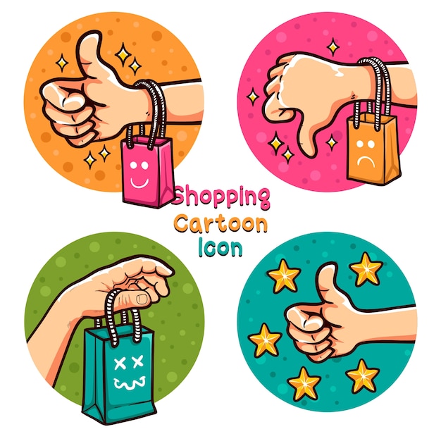 Ilustración de conjunto de iconos de dibujos animados en línea de compras