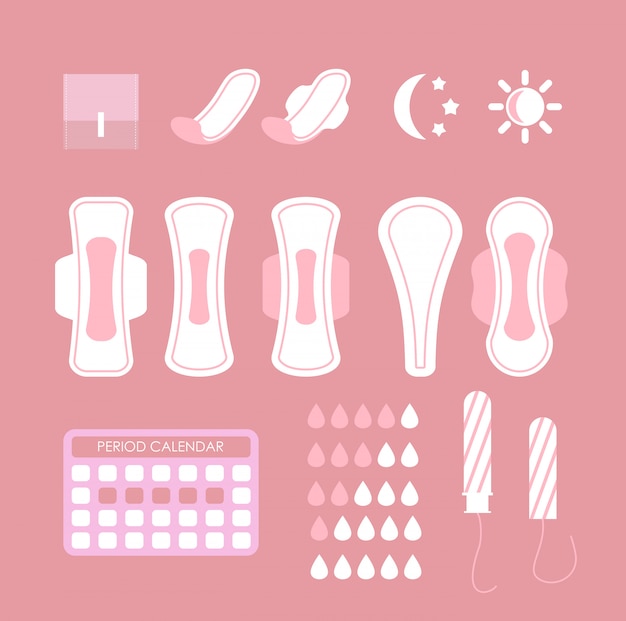 Ilustración de conjunto de iconos de higiene femenina. Diseño plano de dibujos animados de toallas sanitarias, tampones, calendario y elementos de infografía aislados en el fondo rosa.