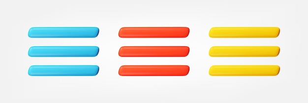 Ilustración de conjunto de iconos de vector de interfaz de usuario de juego realista de botón de menú de lista 3d en estilo minimalista de dibujos animados
