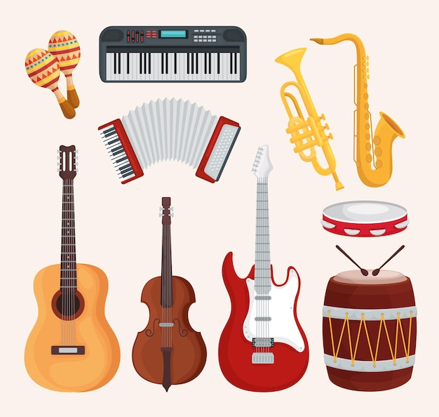 Vector ilustración de conjunto de instrumentos musicales