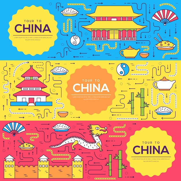 Ilustración de conjunto de línea fina de tarjetas de china