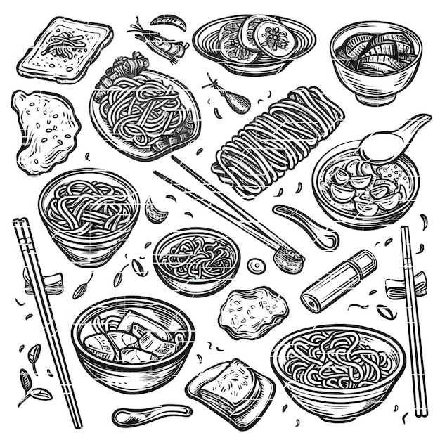 Vector ilustración de conjunto lineal de vectores planos de chow mein de alta calidad