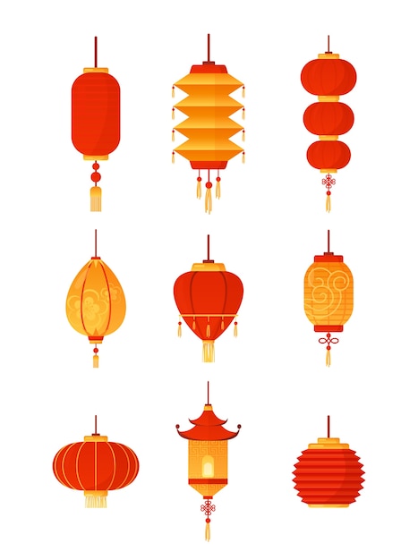 Ilustración de conjunto de linternas chinas Colección tradicional de linternas rojas