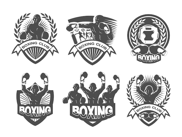 Ilustración del conjunto de logotipos de boxeo en blanco y negro