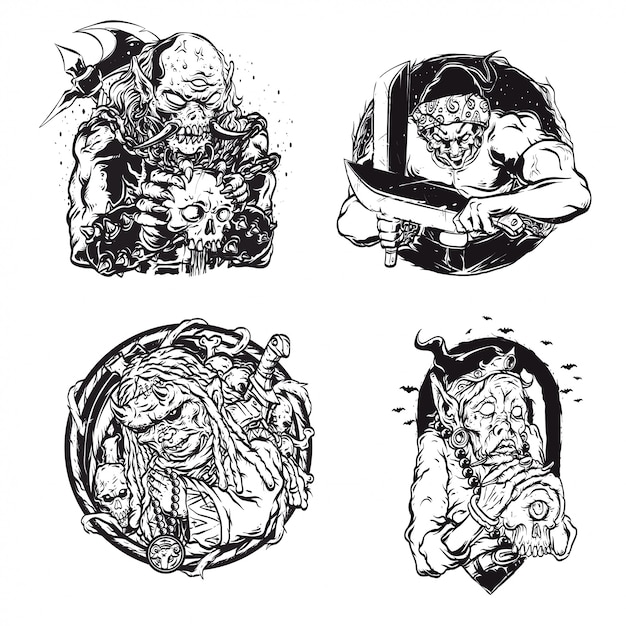 Ilustración de conjunto de monstruo blanco y negro