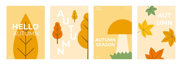 Ilustración de conjunto de otoño Hola concepto de fondo de otoño Cartel de venta banner cubierta volante Seta de hoja de otoño y árbol amarillo