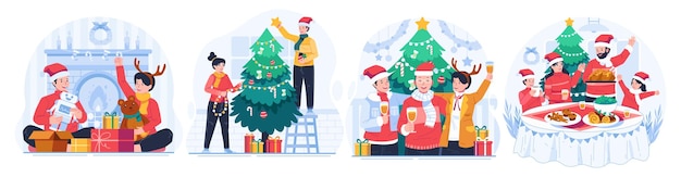 Vector ilustración conjunto de personas que celebran la navidad, una fiesta de invierno