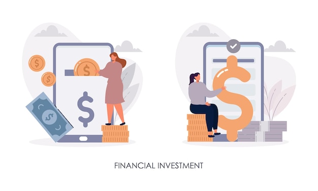 Ilustración de un conjunto de personas que invierten dinero para la gestión de las finanzas personales y la alfabetización financiera