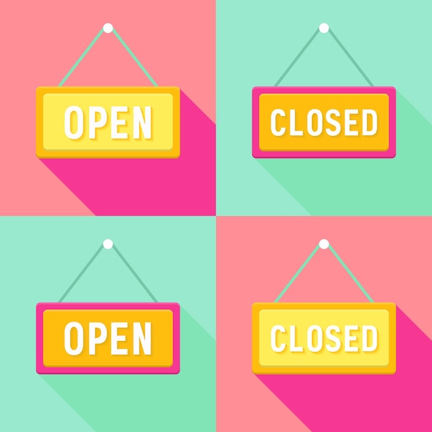 Vector ilustración de conjunto de señales abiertas y cerradas cian rosa amarillo