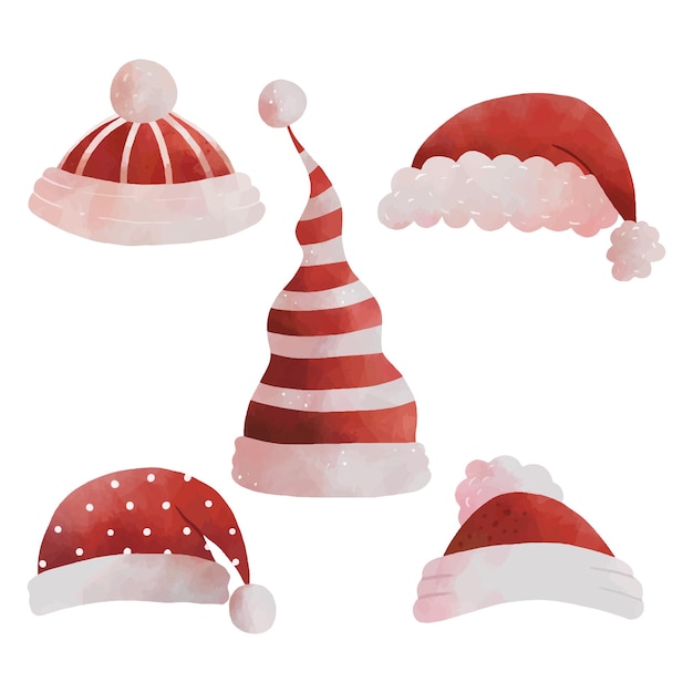 Ilustración de conjunto de sombrero de Santa acuarela Vector
