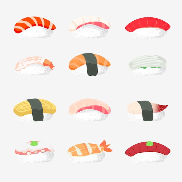 Ilustración conjunto de sushi salmón, atún, camarones, algas marinas, iconos de sushi