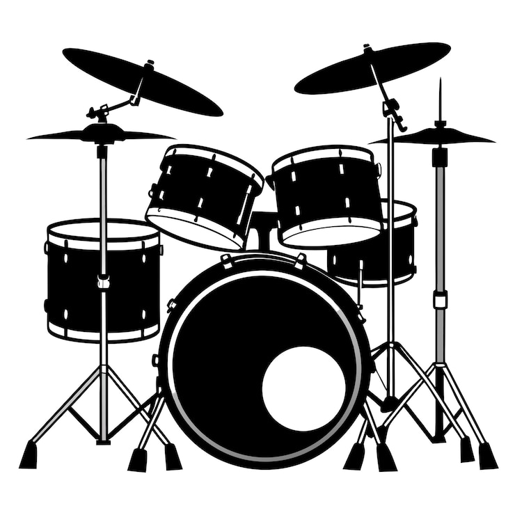 Vector ilustración del conjunto de tambores en blanco y negro