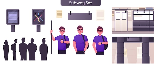 Ilustración del conjunto de transporte público subterráneo de la ciudad. Paseos de pasajeros de hombre, sosteniendo pasamanos. Multitud de personas esperando el vagón de metro de llegada. Estación de metro, mapa de líneas, punteros de señales