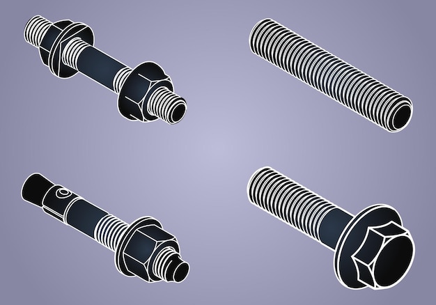Ilustración de conjunto de vectores de conjunto de tornillos y tuercas