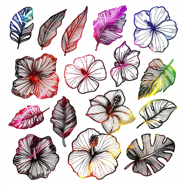 Vector ilustración del conjunto de vectores planos de hojas de hibisco de alta calidad