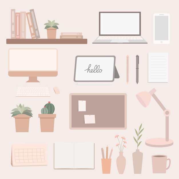 Ilustración Conjunto vectorial de elementos de trabajo de oficina para escritorio en diseño plano