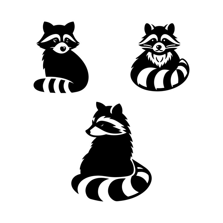 Vector ilustración de conjunto vectorial de silueta negra de tres mapaches con fondo blanco