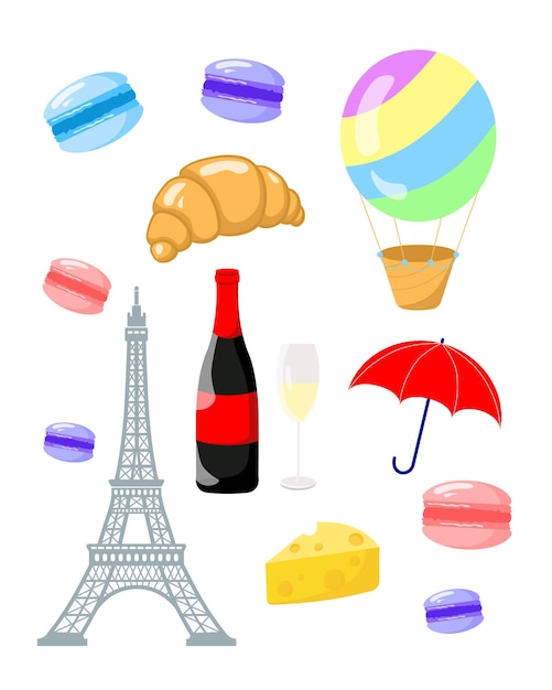 Ilustración de conjuntos vectoriales de Francia Macarones croissant El queso de la Torre Eiffel