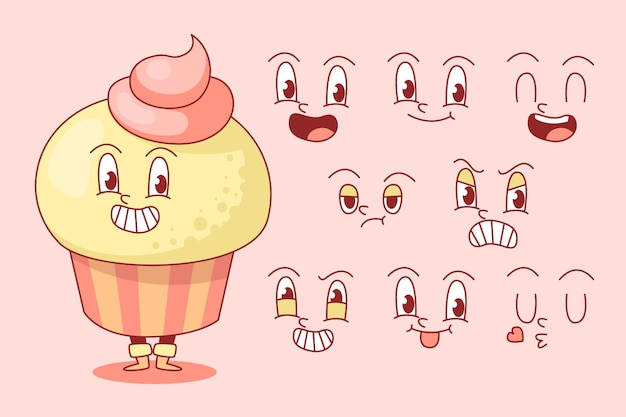 Vector ilustración del constructor de personajes de cupcake de dibujos animados retro dibujada a mano