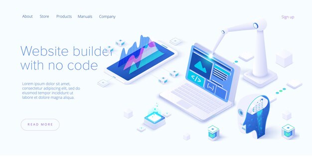 Ilustración de constructor de sitios web en diseño isométrico. red neuronal informática o ia en programación