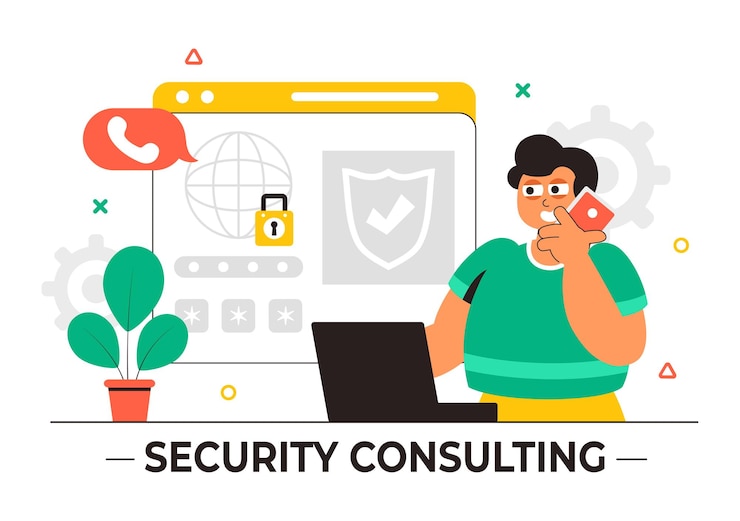 Vector ilustración de consultoría de seguridad con tecnología de la información y hackers éticos realizando pruebas de desarrollo y consultoría en ciberseguridad