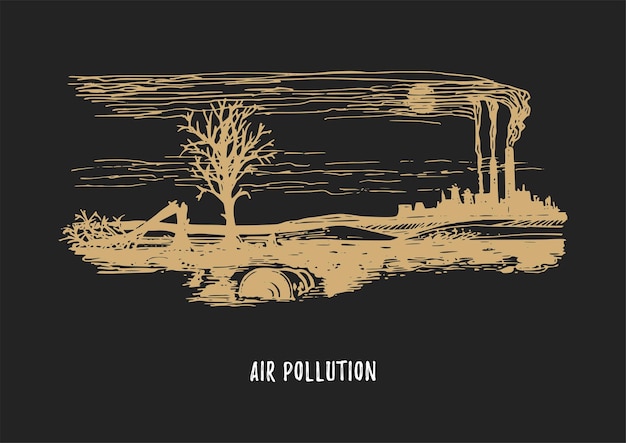 Ilustración de la contaminación del aire bosquejo dibujado del tema del medio ambiente de contaminación en el vector dibujo del paisaje industrial contaminado