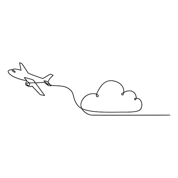 Ilustración continua de un dibujo artístico de una línea de un avión de pasajeros volador