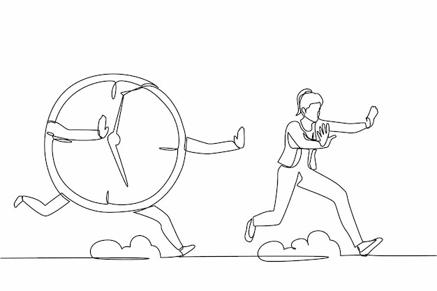 Ilustración continua de una línea de una mujer de negocios asustada siendo perseguida por cajas de seguridad