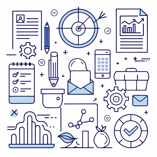 Una ilustración de contorno azul y blanco de varios iconos de negocios y tecnología