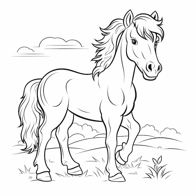 Vector ilustración del contorno del caballo dibujada a mano en blanco y negro