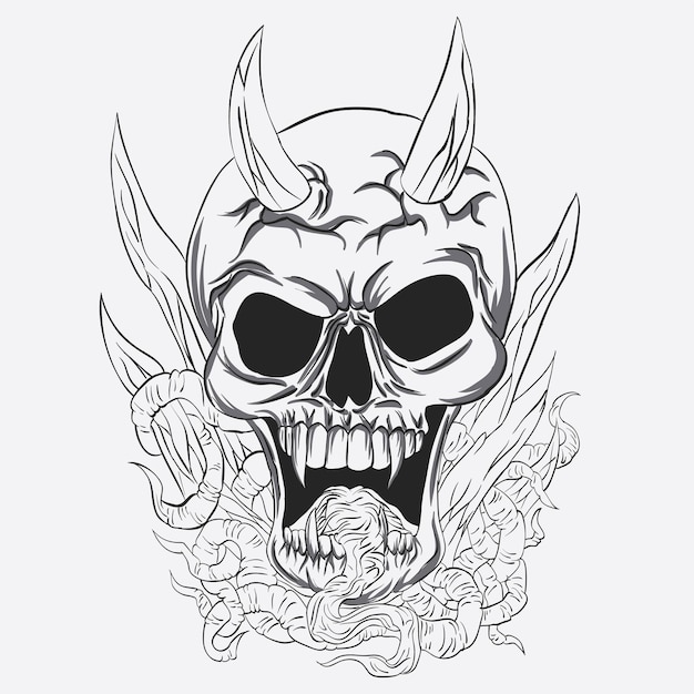 Ilustración del contorno del cráneo dibujado a mano para tatuaje y libro de colorear