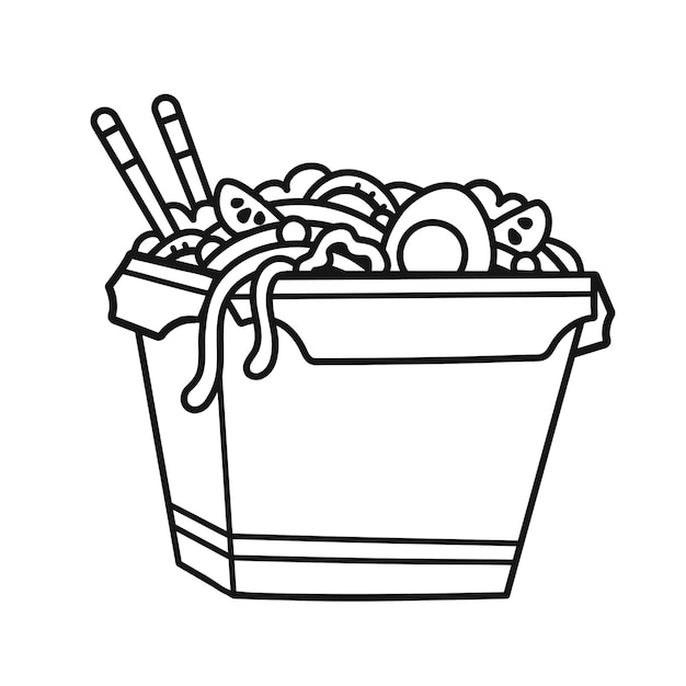 Ilustración de contorno de dibujos animados de caja de fideos wok