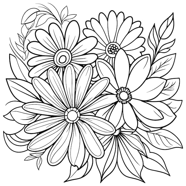 Ilustración de contorno floral para niños, dibujos para colorear, vector dibujado a mano