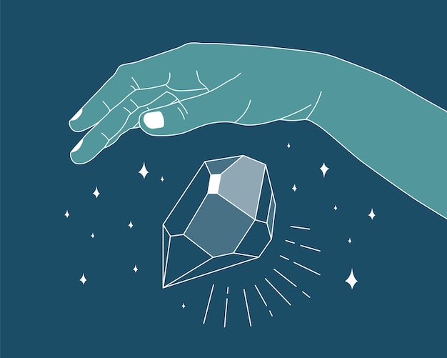 Ilustración de contorno de gema de cristal de mano. Concepto de cristal mágico. Ilustración vectorial moderna
